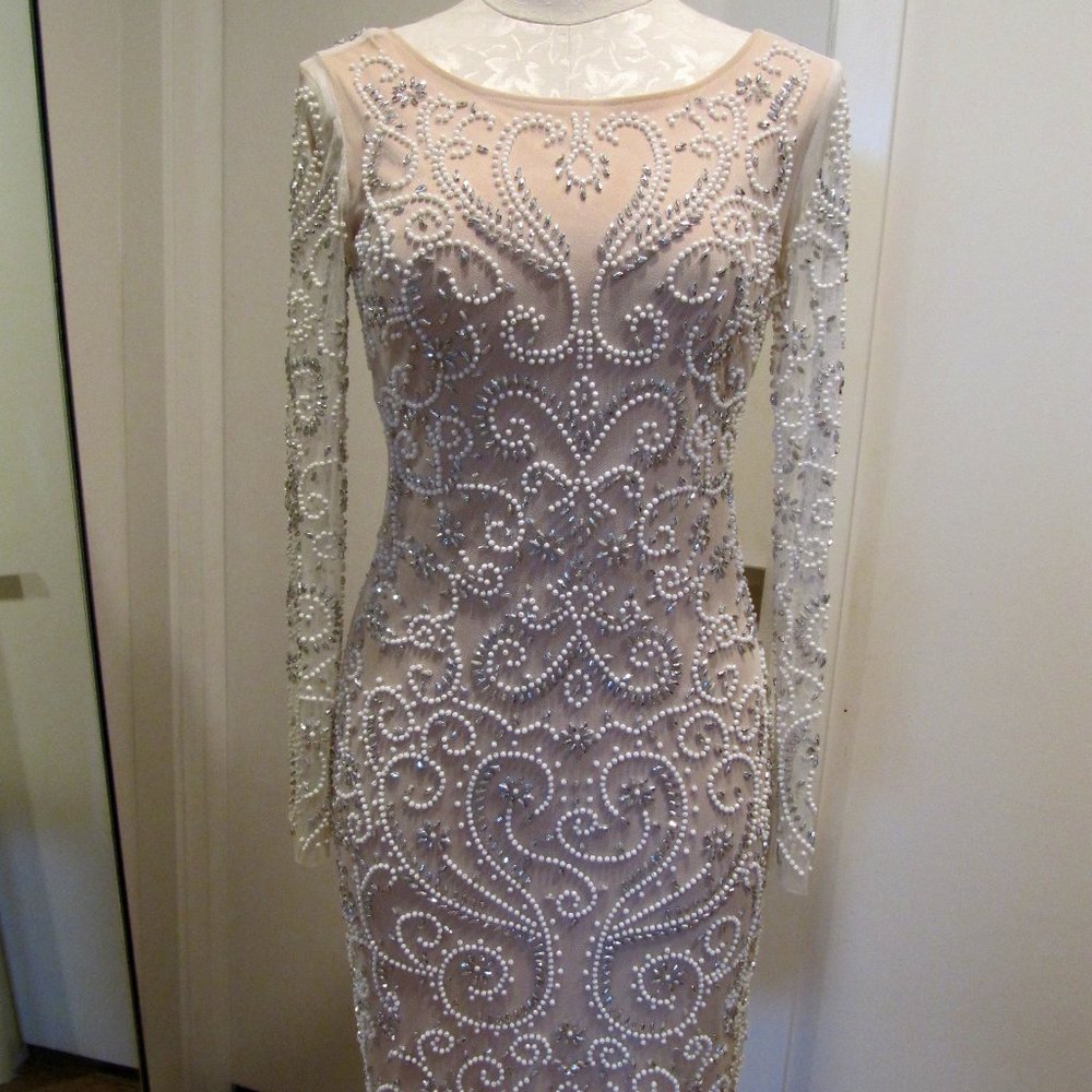 Xscape Cream Sheath Mini Dress with Long Sleeves